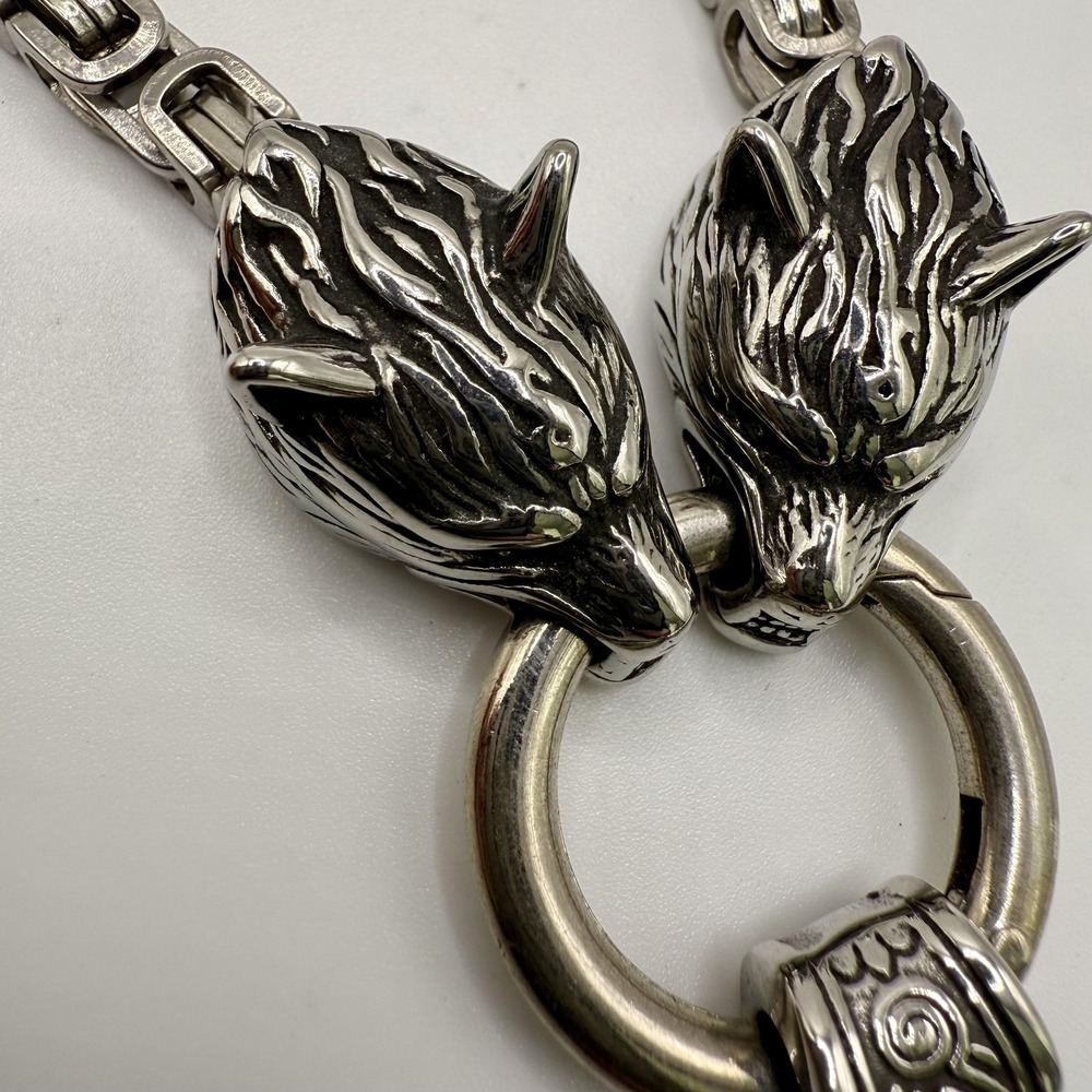 Viking Wolf Heads Mjolnir Thor Hammer Pendant Necklace Silver Tone Chain Mens‎ - Picture 3 of 6